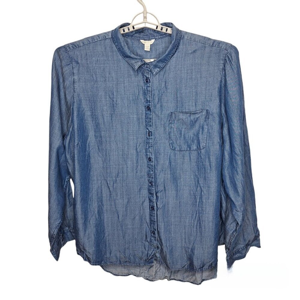 Cato Womens Plus 26/28W Button Up Chambray Shirt Blue Long Sleeve Tencel New